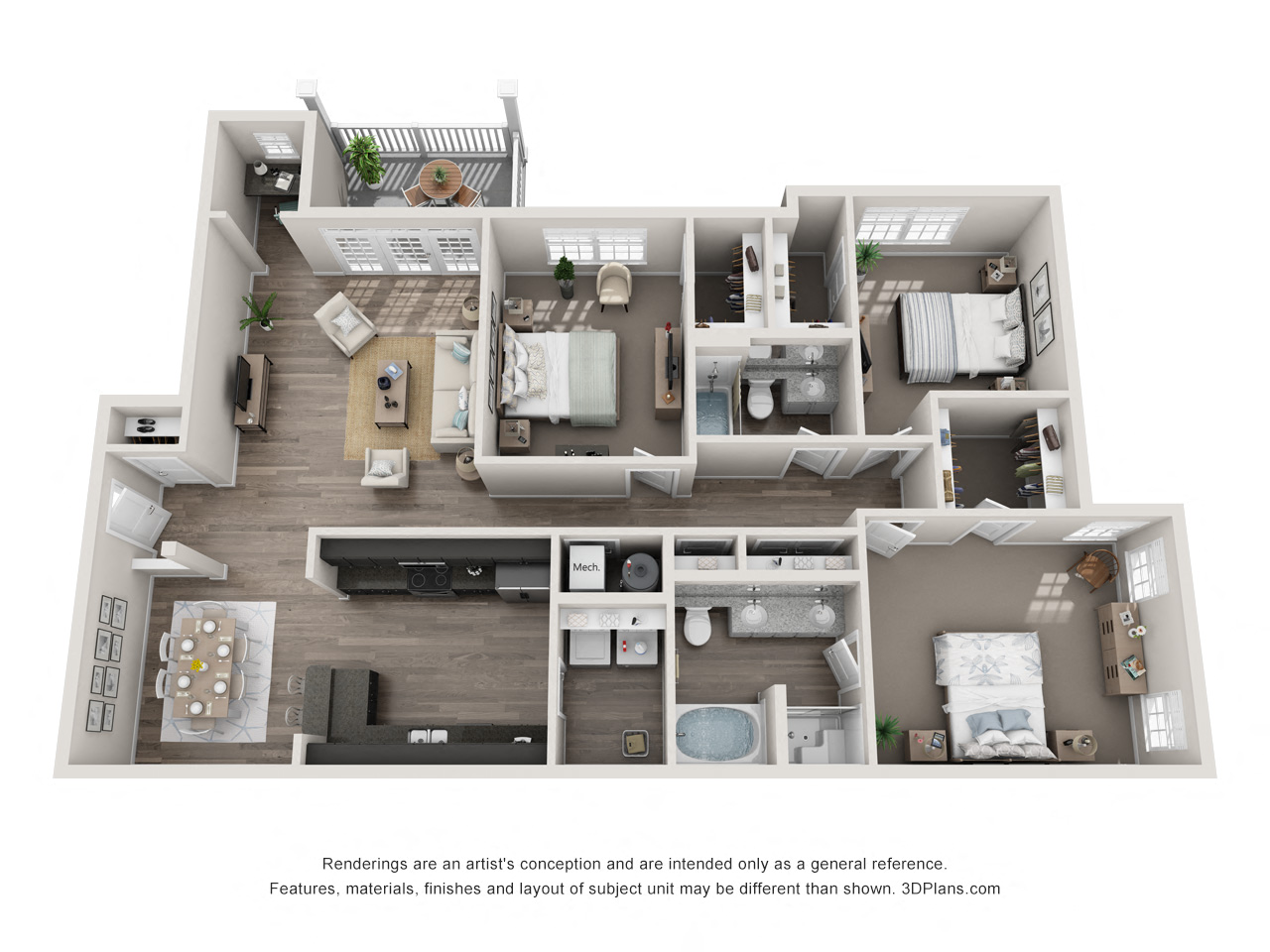 Floor plan for 3 beds, 2 baths, 1630 sqft